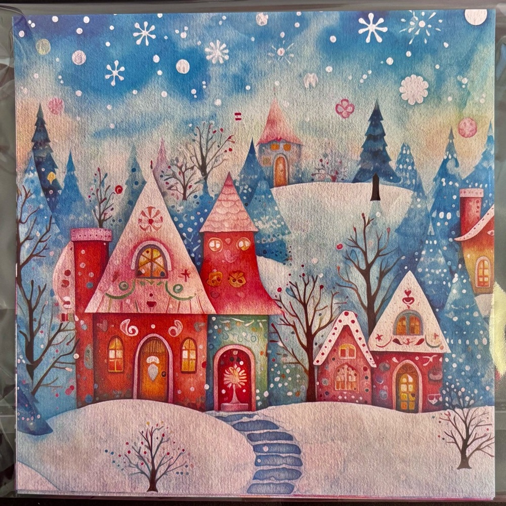Colorful Winter Village Art Prints for scrapbooking junk journals Christmas card